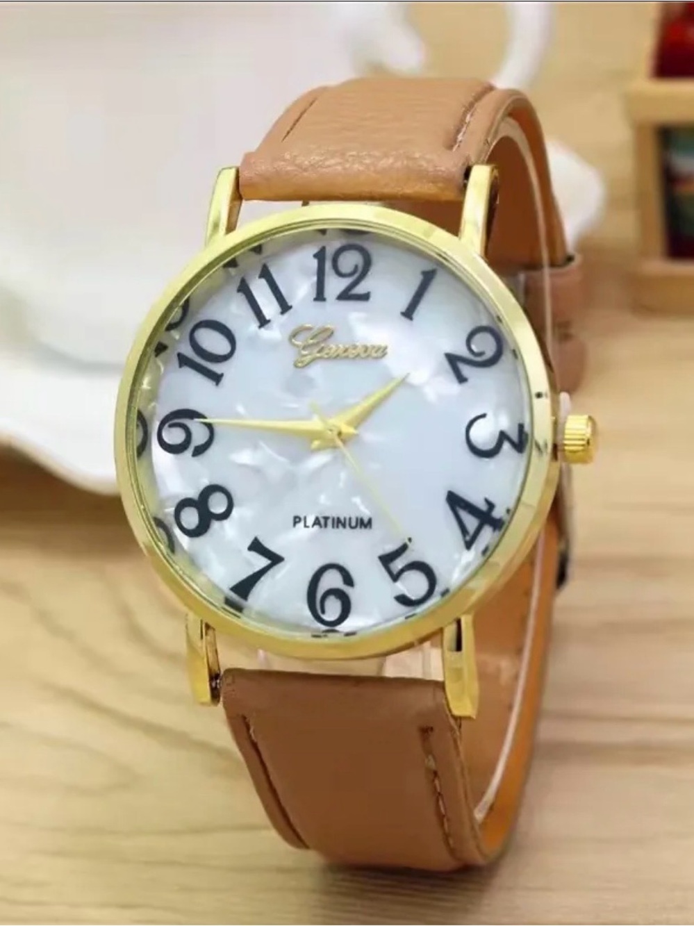2394-178 Geneva Gold-Tone Watch with Tan Leather Strap and White Dial